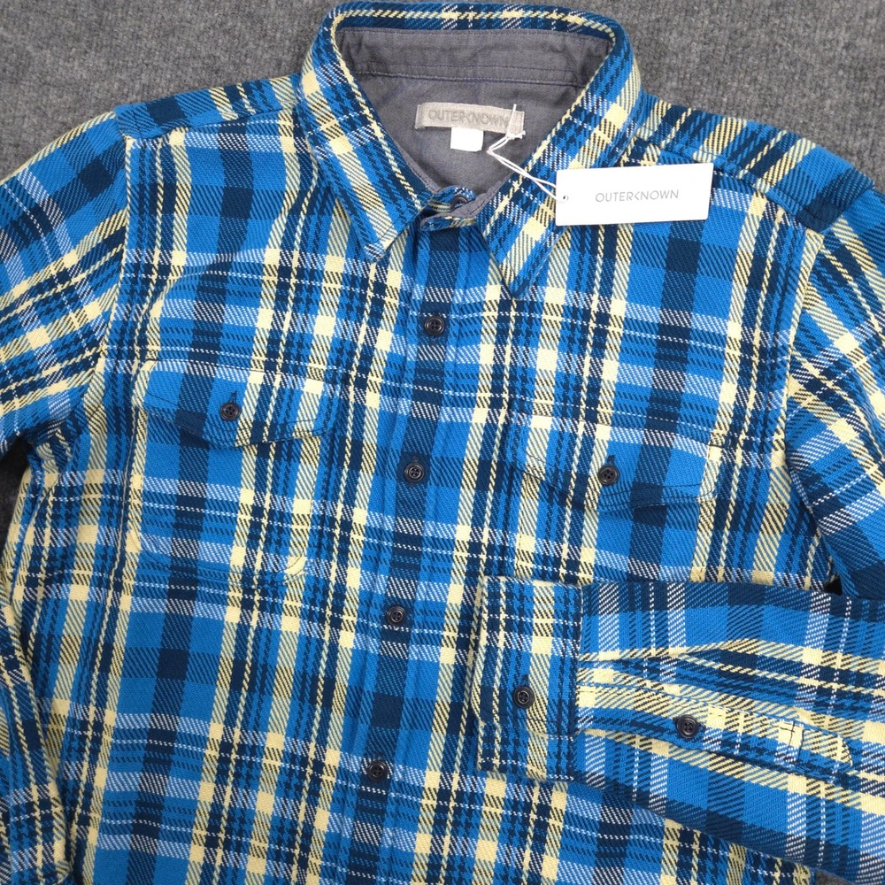 Outerknown Blanket Shirt Mens M Blue Plaid Heavyweight Flannel‎ Flap Pockets NEW